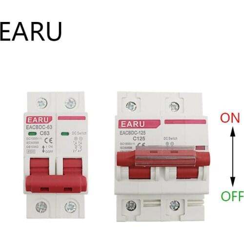 DC 1000V Solar Mini Circuit Breaker Overload Protection Switch 6A/10A/25A40A/63A/80A /100A/125A 2P DC1000V Photovoltaic MCB PV