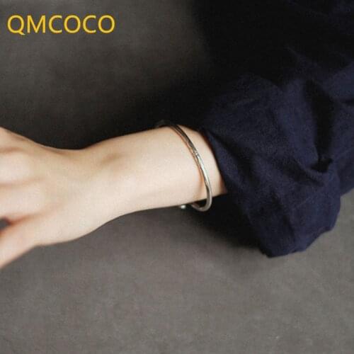 QMCOCO Vintage Punk 925 Silver Geometry Bracelet Trendy Creative Feather Pattern For Couple Party Jewelry Gifts Open Adjustable