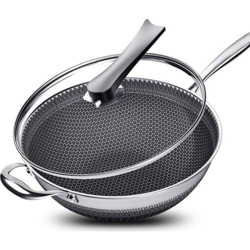 PFOA-Free Non-stick Frying Pans Double-Sided Screen Honeycomb Stainless Steel Wok Without Oil Smoke Frying Pan Wok