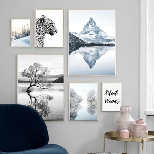 Snow Scene Lake Pine Forest Wall Art Wolf Lion Leopard Canvas Painting Nordic Poster and Prints Pictures for Living Room Decor