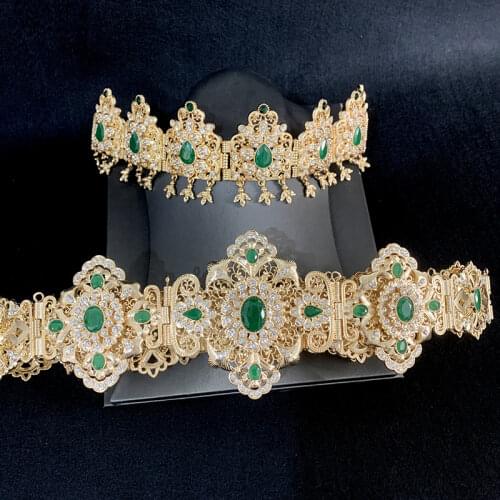 Traditional Moroccan Wedding Dress Belts In Gold Green Red Rhinestone Waist Chains for Women Caftan Bridal Jewelry Belts