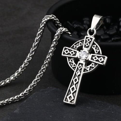 Unique Round Shape Black Silver Color Cross Pendant Stainless Steel Link Chain Colar for Men Women Quality Crystal Jewelry MN131