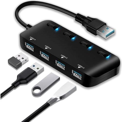 USB 3.0 Hub 4 Port Adapter Multiport With On Off Power Switch Led Light Indicator Portable Slim For PC Laptop Desktop Accessory