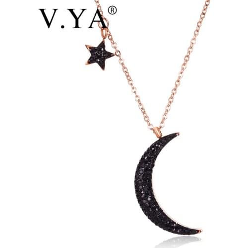 V.YA Fashion Black Moon Star Pendant For Female Stainless Steel Rose Gold Luxury Extended Necklace Clavicle For Women Gift