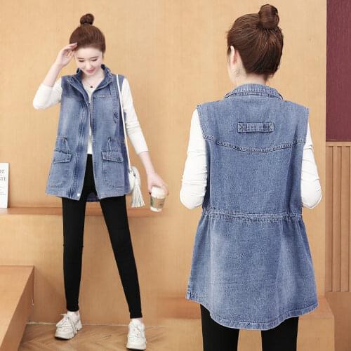 Vintage Denim Jacket Vest Womens Mid-length Spring Summer New Korean Loose Large Size Sleeveless Coat Jean Woman Waistcoat k906