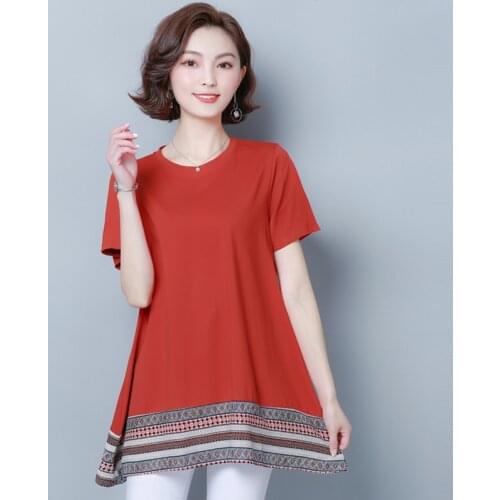 L-5XL Women Cotton T-shirt Summer 2021 Fashion Patchwork Stripes Short-sleeve Loose Pullovers Long Tops Tees Female