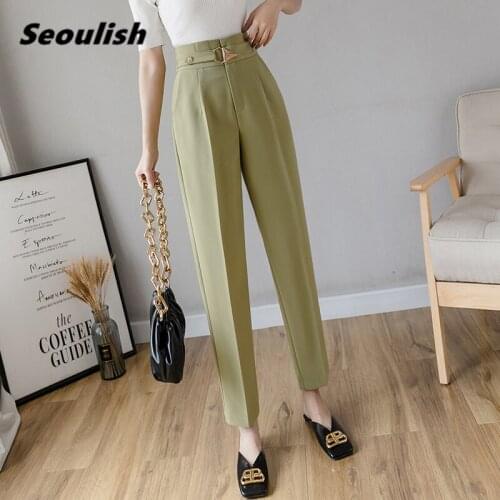 2020 New Spring Summer Korean OL Style Women Formal Harem Pants Sashes Pockets High Waist Office Lady Ankle-Length Pants