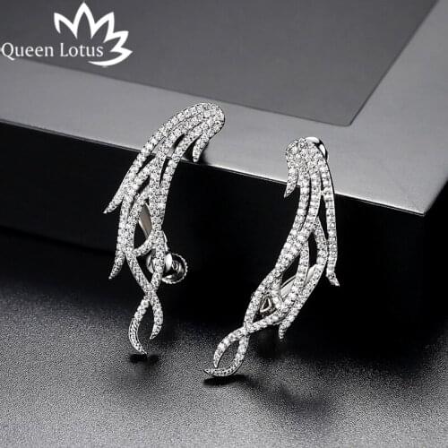 Queen Lotus High Quality Cubic Zircon Feather Earrings for Women Luxury Crystal Wings Earrings Stud Earrings Female Wedding Gift