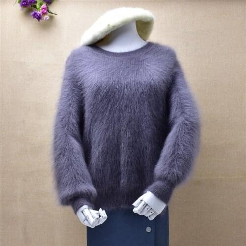 Ladies women fashion o-neck 2020 winter thick warm mink cashmere loose long sleeves pullover angora rabbit hair jumper sweater