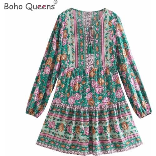 Boho Queens women ethnic floral print long sleeve tie neck beach Bohemian mini dress ladies rayon cotton botton Boho dress