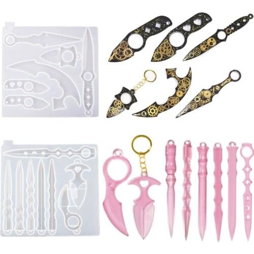 2Pcs Self-Defence Finger Key Chain Resin Mold Swords Knife Dagger Keychain Casting Silicone Mould Jewelry Making Tools