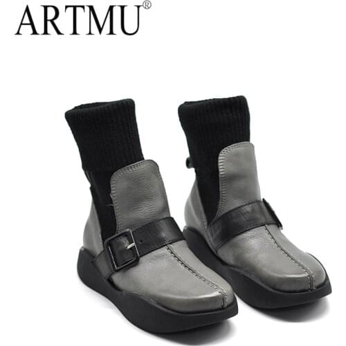Artmu Original Thick Sole Elastic Boots Knitted Socks Boots Belt Buckle Ankle Boots Genuine Leather Womens Boots New 2015-2