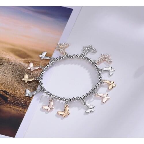 2020 Elegant Gold Silvery Charm Bracelet for Women Accessories 4MM Beads Chain Rhinestone Butterfly Bracelets Homme Jewellery