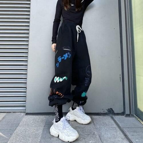 HOUZHOU Hippie Wide Leg Pants Women Streetwear Hip Hop Trousers Female 2021 Casual Sweatpants with Print Street Style Jogger
