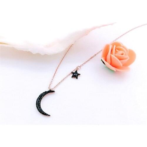 Moon necklace for women black zircon pendant stainless steel rose gold chain necklace set luxury necklace jewelry on the neck