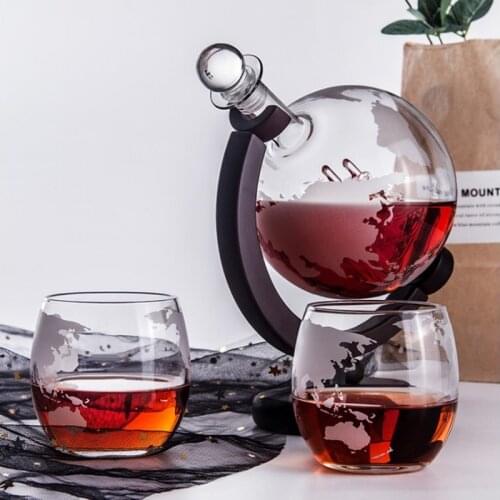 900ML Whiskey Decanter Antique Ship Whiskey Dispenser For Liquor Scotch Bourbon Vodka Globe Decanter With Finished Wood Stand