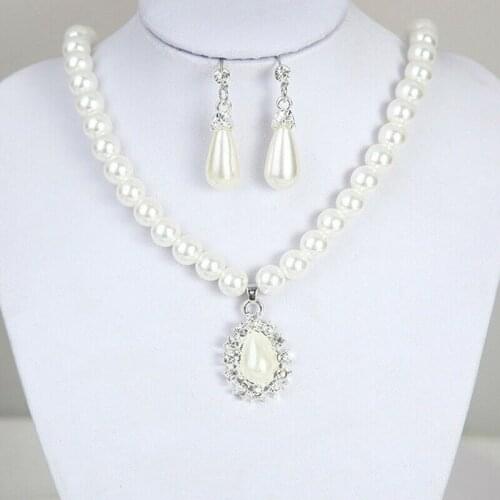 Elegant Pearl Crystal Drop Party Jewelry Earrings Chain Wedding Necklace