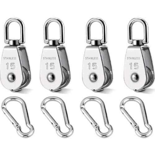 ELOS-M15 Crane Pulley Block Swivel Hook Single Pulley Block Hanging Wire Towing Wheel 304 Stainless Steel with Carabiner