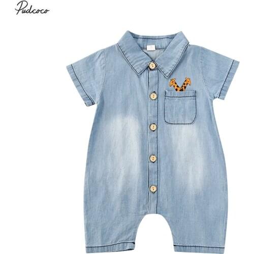 2020 0-18M Cute Newborn Baby Boys Girls Denim Romper Cartoon Animal Back Short Sleeve Button Pocket Jumpsuit Playsuit Summer New