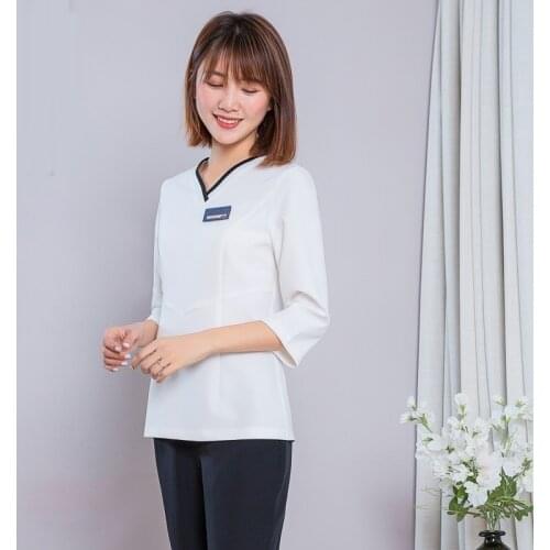 Beautiful Uniform Beautician Uniforms Dresses Short Sleeve Pocket Korean Style Spa Dress Beauty Salon Uniform AS224