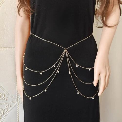 Multilayers Sexy Waist Chain Women Fashion Gold Metal Pearl Tassel Body Chain Summer Party Jewelry Belt Female Dress Accessories