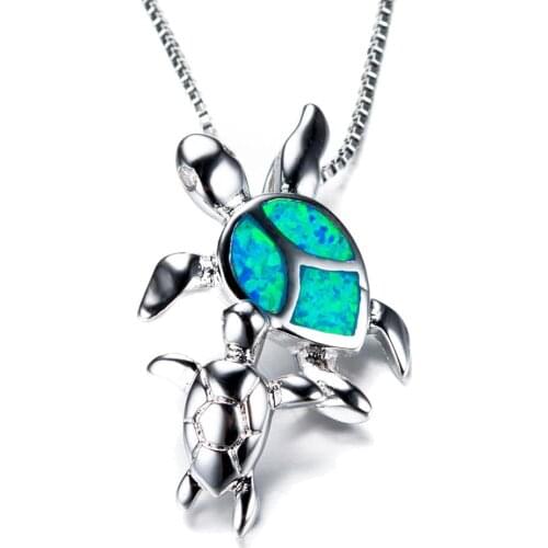 Fashion 925 Sterling Silver Collier Necklaces Opal Double Turtles Necklaces & Pendants