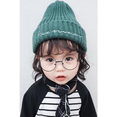 New childrens knitted solid color hat, fashionable simple elastic embroidered letters, warm cap baby boy hats and caps