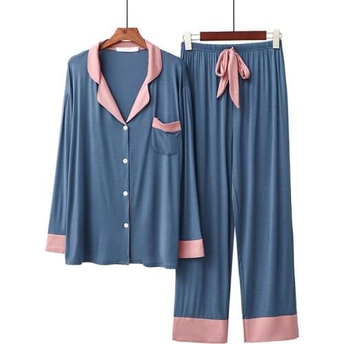 2021 Autumn New Contrast Color Cardigan Home Pajamas Suit Fashion Women Modal Long Sleeve Long Trousers Homewear Pyjama Set