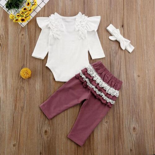 Infant Toddler Girl Clothing 2021 Baby Girl Clothes Long Ruffle Sleeve Bodysuit Lace Pants Leggings Outfit Size 0-24M