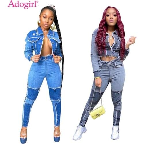 Adogirl 2020 Autumn Vintage Jeans Two Piece Set Patchwork Washed Tassel Denim Suit Long Sleeve Jacket Crop Top Pencil Pants