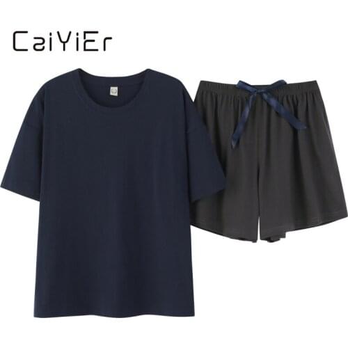 CAIYIER Simple Summer Pajamas Set Cotton O-Neck Short Sleeve Shorts Sleepwear Ladies Casual Nightwear Girls T-shits Loungewear