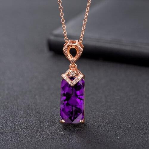 DIWENFU Real 14K Rose Gold 45cm Necklace Natural Amethyst Pendant Women Hiphop/Rock Bizuteria Rectangle 14K Rose Gold Pendant
