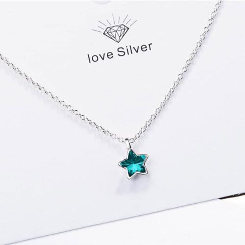 925 Sterling Silver Simple Sweet Chain Necklace Ocean Blue Crystal Little Star Necklace For Women Jewelry Gifts S-N246