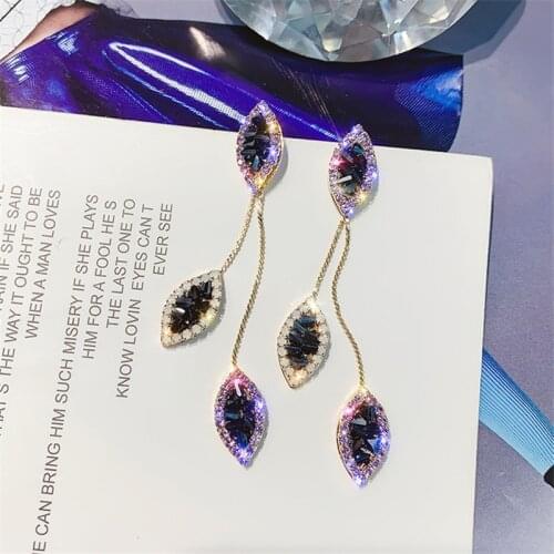 FYUAN Long Tassel Leaf Drop Earrings for Women Bijoux Purple Crystal Dangle Earring Party Fashion Jewelry Gifts