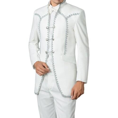 Custom Made Groomsmen White Groom Tuxedos Mandarin Lapel Men Suits Wedding/Prom Best Man Blazer ( Jacket+Pants+Tie) C341