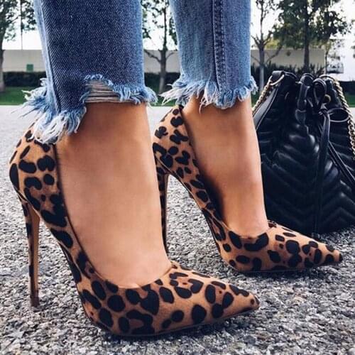 High Heels Shoes Women Pumps Flock Leopard Print Sexy Stilettos 10 12cm Party Heeled Designer Shoes Plus Big Size