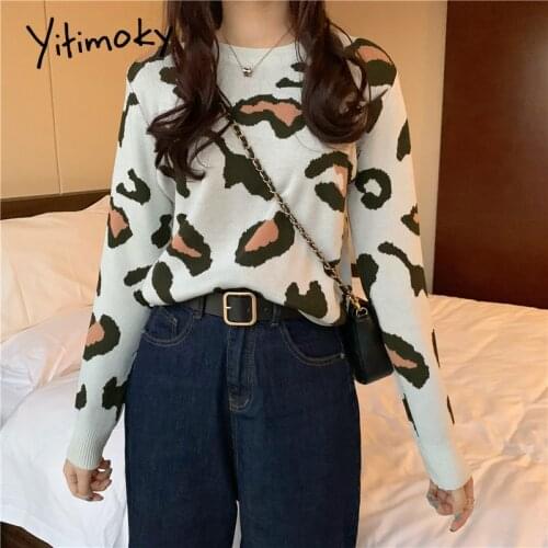 Yitimoky Leopard Woman Fashion Sweater Pink Vintage Fall Clothes Black White Casual O-Neck Slim Pullover Tops 2021 Jumper Soft