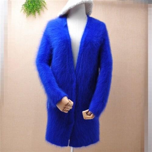 Top mujer women fashion hairy mink cashmere knit long sleeves deep v-neck loose cardigan mantle angora fur jacket coat sweater