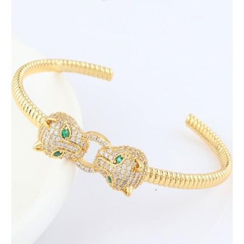 Gold Color Charms Double Leopard Head Bracelets For Women Copper Jewelry Woman Cuff Bangles 2021 Fashion Animal Jewellery