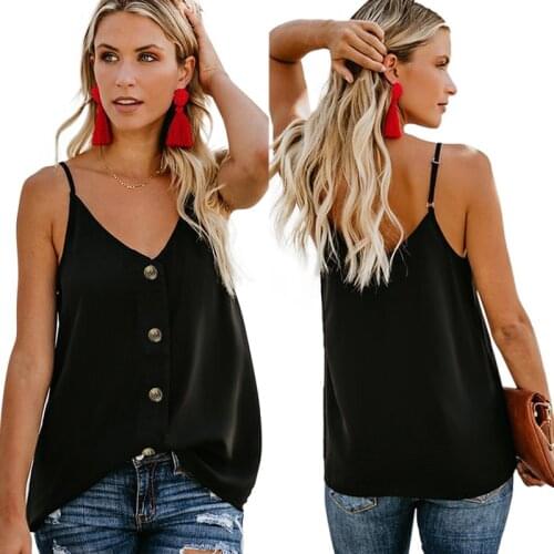 Women Chiffon Camisole Casual Sling V Neck Sleeveless Buttons Tank Basic Tops Ladies Sexy Summer Loose Blouse Vest Plus Size 3XL
