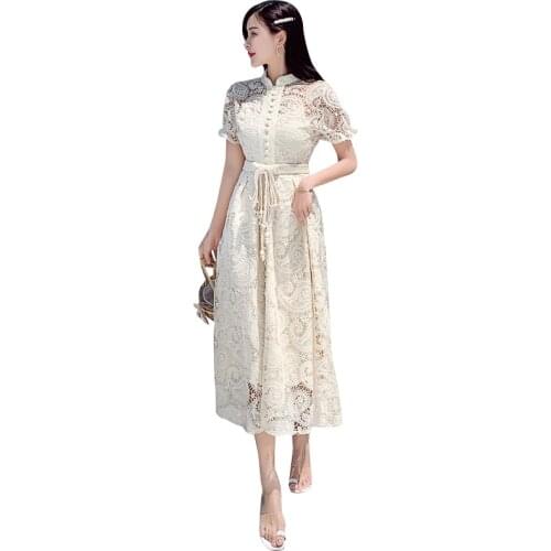 2021 Summer Women Designer Vintage Runway Dress High Quality Short Sleeve Braided Sashes Slim Hollow Out Lace Long Dress
