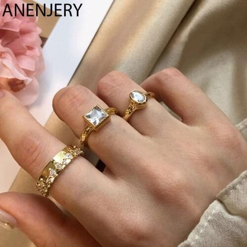 ANENJERY 925 Sterling Silver Square Oval Shaped Zircon Rings for Women Gold French Style Open Rings Jewelry S-R303