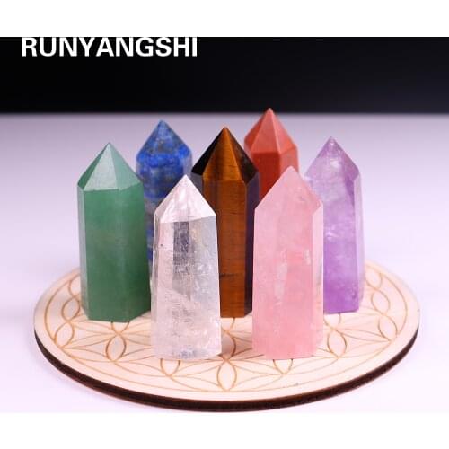 7pcs Natural crystal point stone seven Chakra magic wand Healing Stone with Wood base Mineral specimen collection gift box
