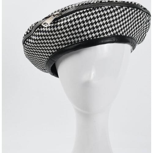 Fashion INS Zipper Beret For Women Houndstooth Beret Ladies Wedding Hat Trendy Leather Edging Winter Painter Hat Outdoor