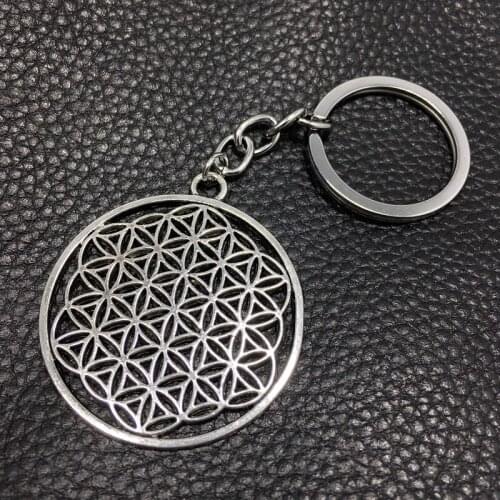 Hot Fashion Datura Stramonium Flower Of Life Yoga 48x44mm Pendant 30mm Key Ring Chain Silver Color Men Car Hollow Out Keychain