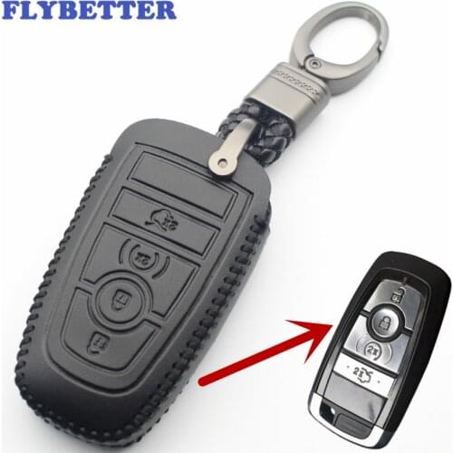 FLYBETTER Genuine Leather KeyChain 4Button Keyless Entry Smart Key Case Cover For Ford Fusion/New Mondeo/Edge/Expedition L353