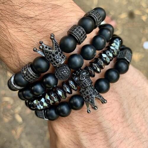 Classic Design Men Jewelry Bracelet Black Onyx CZ Pave Ball Crown Charm Steel Skull Beads Elastic Bracelet For Men