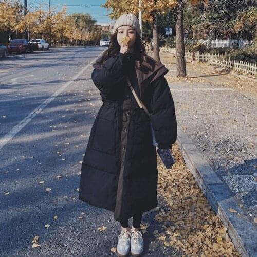 Womens Winter Jacket Black Double-layer Collar Contrast Stitching Drawstring Long Thick Korean Loose Cotton Fashion Bread Coat