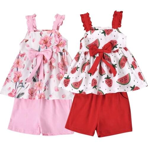 2Pcs Infant Summer Outfits, Baby Girl Watermelon/Flower Ruffle Strap Square Collar Bowknot Tank Top + Shorts with Pockets