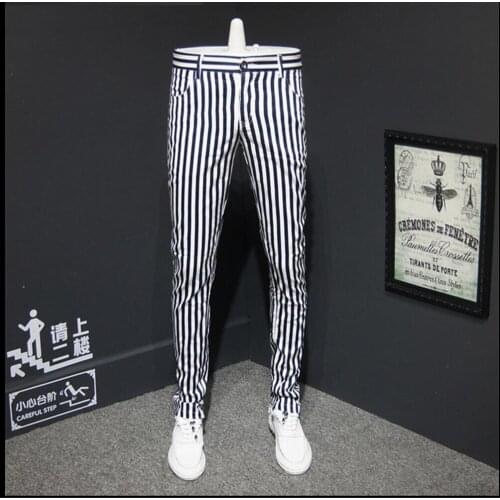 Men Casual Pants Thin Trousers Slim Fashion Casual Stripe Hit Color Straight Pencil Pants Hairstylist Singer Costumes New Summe